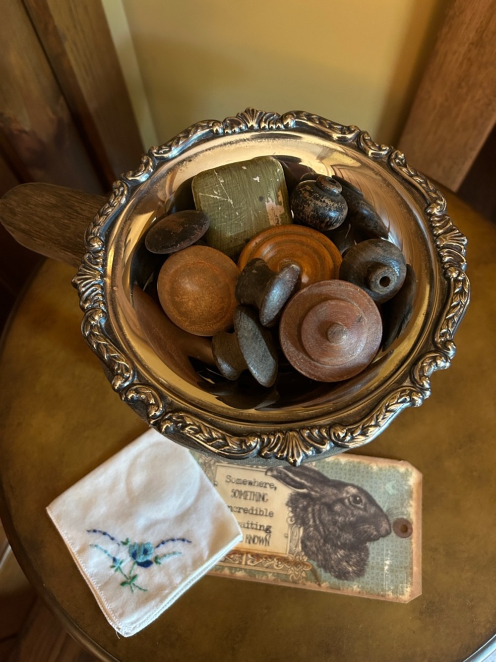 Vintage Silver Plated Bowl with Wooden Architectural Salvage Door Knobs - Picture 7 of 7